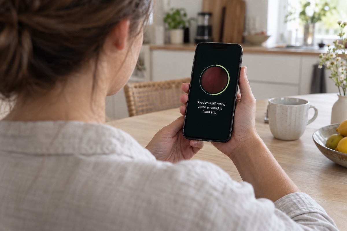 Iemand aan de keukentafel doet de test op de telefoon. Op het scherm staat de meting met de tekst: Goed zo. Blijf rustig zitten en houd je hand stil.