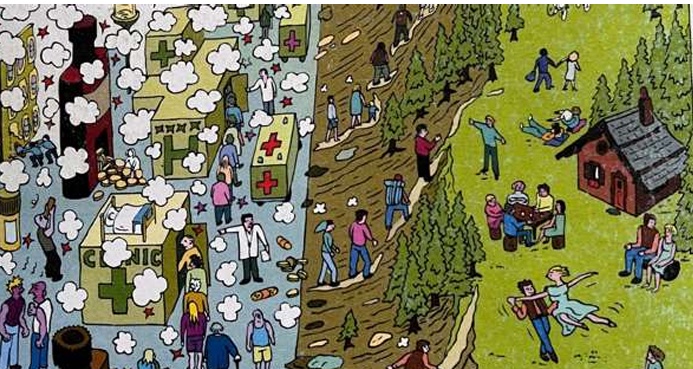 Tekening van Victor Lunn-Rockliffe: links een drukke stad vol ziekenhuizen, ambulances en witte wolken uitgeademde CO₂; in het midden mensen die een smal, steil pad de heuvel op lopen; rechts een groen landschap waar mensen ontspannen samen zijn.